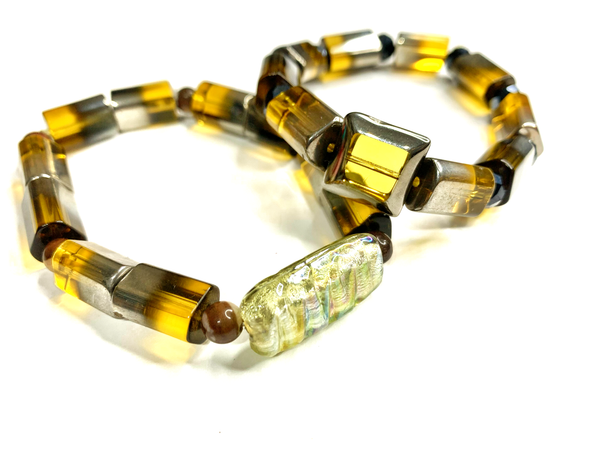 Unisex Amber Glass Stretchy Beaded Jasper and Crystal Bracelet with Metallic Accents and Iridescent Focal Bead