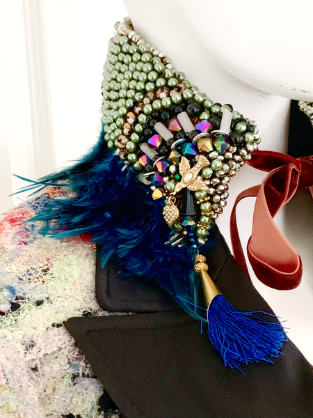 Lechaba Multicoloured Beaded Embellished Feather Collar Necklace