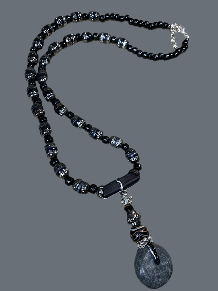 Men’s Long Black Onyx Necklace with Gunmetal Caps, Multi-Glass Beaded Pendant, and Dark Grey Magnesite Accents