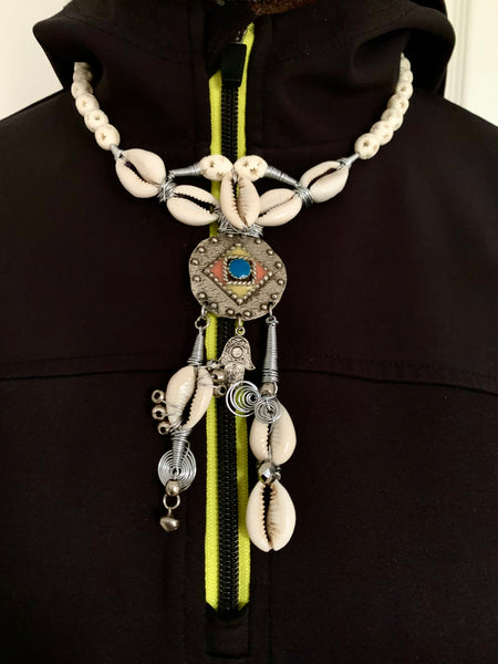 Unisex Boho Necklace with Antiqued Silver Berber Amulet from Maroc and Cowrie Shells