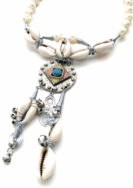 Unisex Boho Necklace with Antiqued Silver Berber Amulet from Maroc and Cowrie Shells