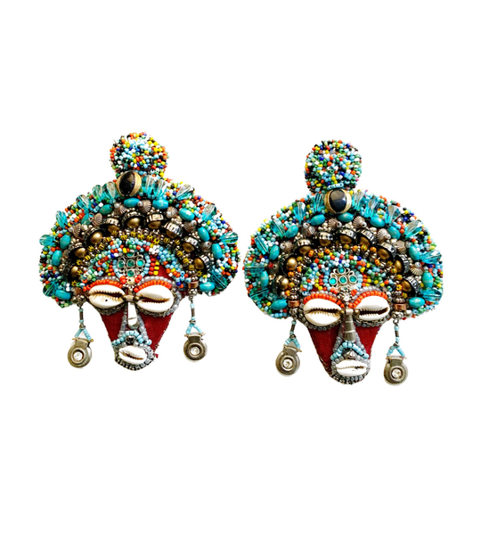 Ezenwanyi Beaded Crystals & Cowrie Mask Lever Back Earrings