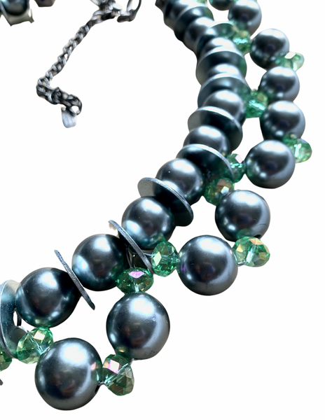 Adof Silver Beaded and Green Crystal Embellished Steel Washer Collar Necklace