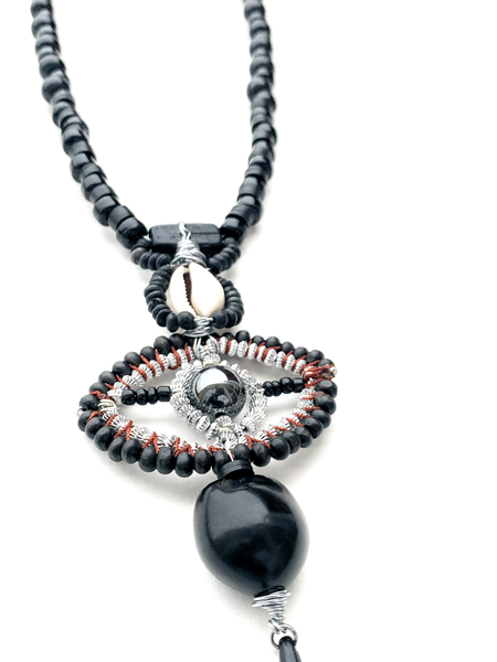 Men’s Black Beaded All-Seeing Eye Pendant Necklace with Spike Charm