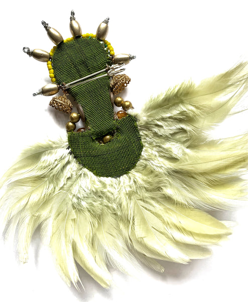 Emerald Ancestral Handcrafted Beaded & Feather Mask Brooch.