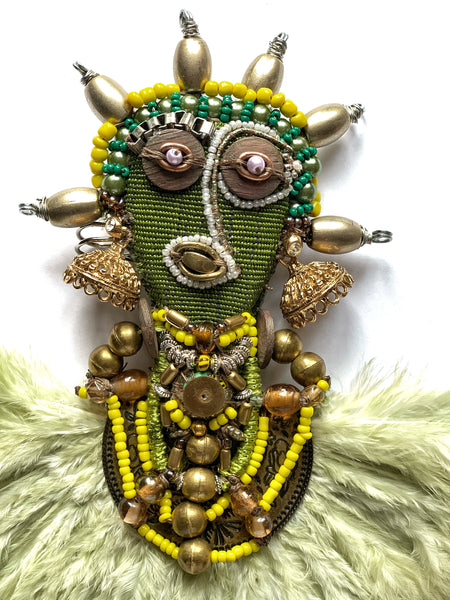 Emerald Ancestral Handcrafted Beaded & Feather Mask Brooch.