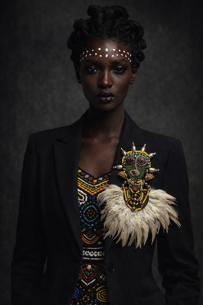 Emerald Ancestral Handcrafted Beaded & Feather Mask Brooch.