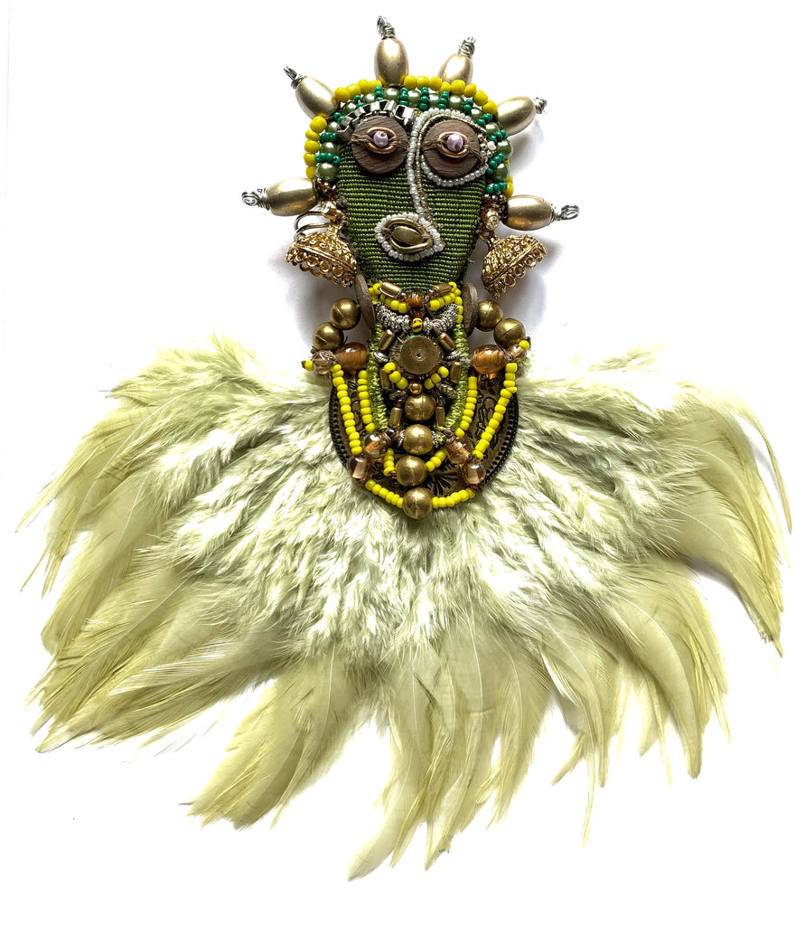 Emerald Ancestral Handcrafted Beaded & Feather Mask Brooch.