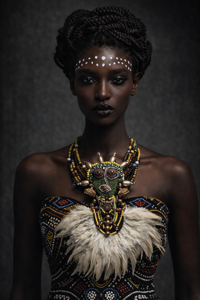 Emerald Ancestral Handcrafted Beaded & Feather Mask Brooch.