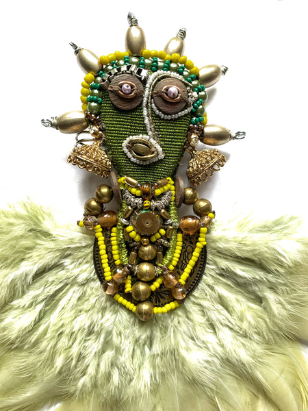 Emerald Ancestral Handcrafted Beaded & Feather Mask Brooch.