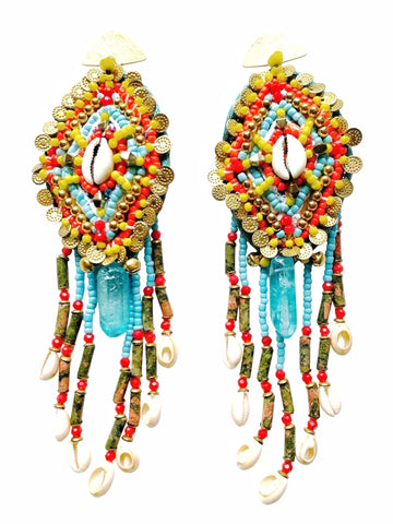 Eye of Ra Beaded Tassel Cowrie Earrings