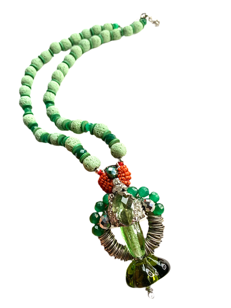 Handcrafted Emerald Zenith Unisex Green Lava Bead and Jade Necklace with Artisan Crystal Pendant