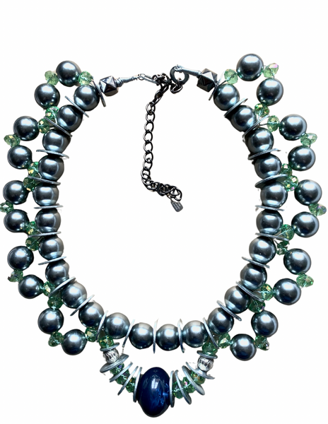 Adof Silver Beaded and Green Crystal Embellished Steel Washer Collar Necklace