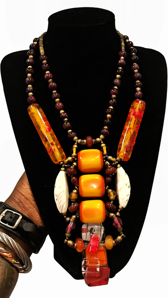 Anulika Two Strand Long Necklace with Three Large Orange Copal Amber Resin with Venetian Glass beads and Recycled Glass Pendant Necklace