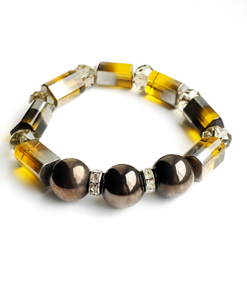 Men’s Hematite and Amber Electroplated Geometric Glass Beaded Stretchy Bracelet