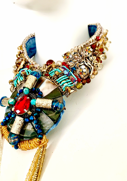 Recycled Denim Necklace with Gold, White & Champagne Glass Beaded Tassels