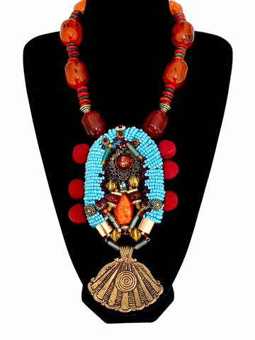Golibe Multicoloured Resin Drum Beaded Pom-Pom Necklace with Embellished and Brass Engraved Pendant