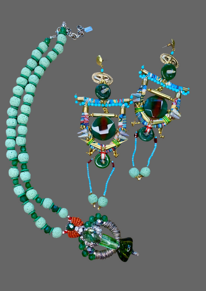 Handcrafted Emerald Zenith Unisex Green Lava Bead and Jade Necklace with Artisan Crystal Pendant