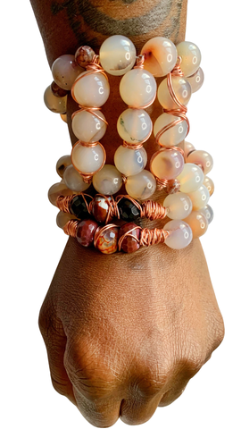 Earth Resonance Quartz, Agate & Tourmaline Copper-Wrapped 3-Piece Set Adjustable Bracelet Stack 