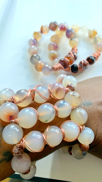 Earth Resonance Quartz, Agate & Tourmaline Copper-Wrapped 3-Piece Set Adjustable Bracelet Stack 