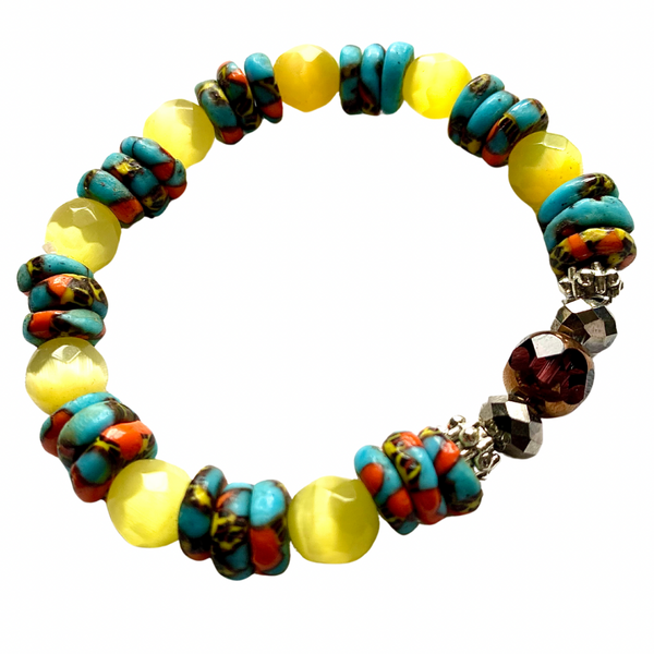 Sunburst Serenity, Colourful Ghana Krobo Glass, Beaded, and Yellow Jade, Stretch Cord, Bracelet 