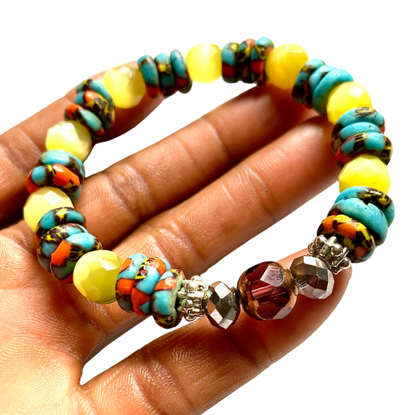 Sunburst Serenity, Colourful Ghana Krobo Glass, Beaded, and Yellow Jade, Stretch Cord, Bracelet 