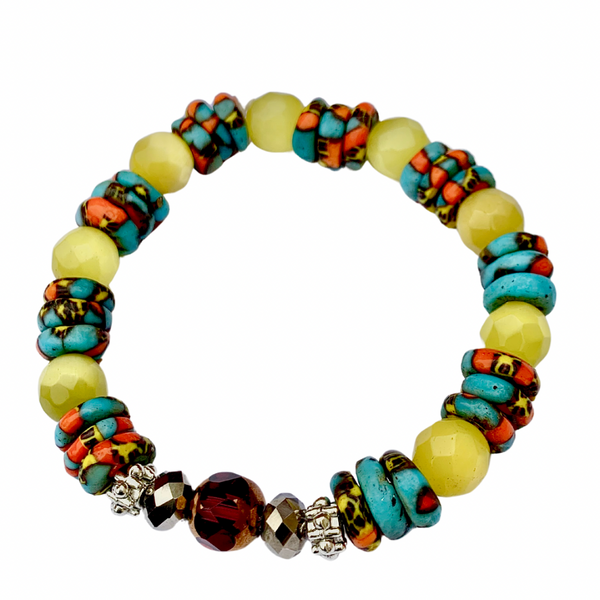 Sunburst Serenity, Colourful Ghana Krobo Glass, Beaded, and Yellow Jade, Stretch Cord, Bracelet 