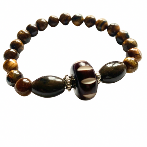 Tiger’s Eye & Carved Chevron Batik Bead and Amazonite Healing Stretch Cord Bracelet