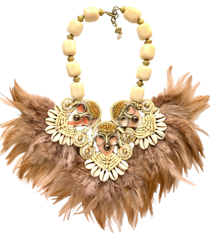 Ife Ato Three-Mask Beaded Shell & Feather Statement Necklace 
