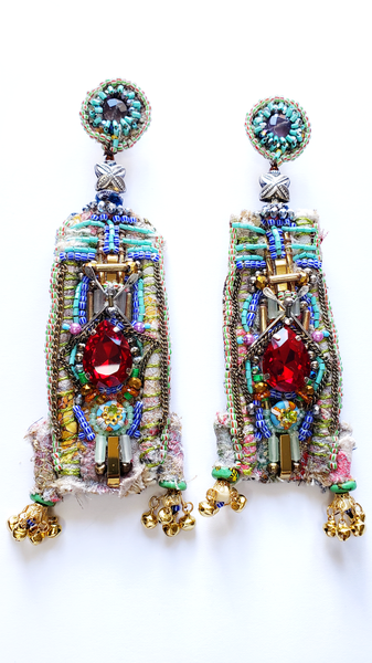 Iheaku Multi-Beaded Embellished Red Crystal Statement Drop Earrings