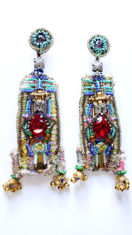 Iheaku Multi-Beaded Embellished Red Crystal Statement Drop Earrings
