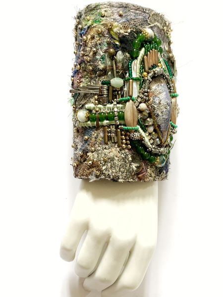 Olachi Green Jade Multi Beaded and Mussel Shell Embellished Textile Wide Cuff Bracelet
