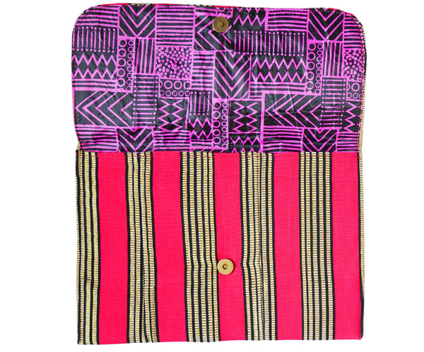 Olaedo Pink Black and Gold Striped Aso-Oke Clutch Bag Tablet and iPad Sleeve