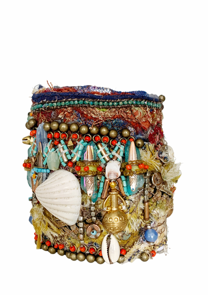 Dinma Aura Quartz and Kyanite Embellished Sea Shells and Beaded Wide Cuff Bracelet