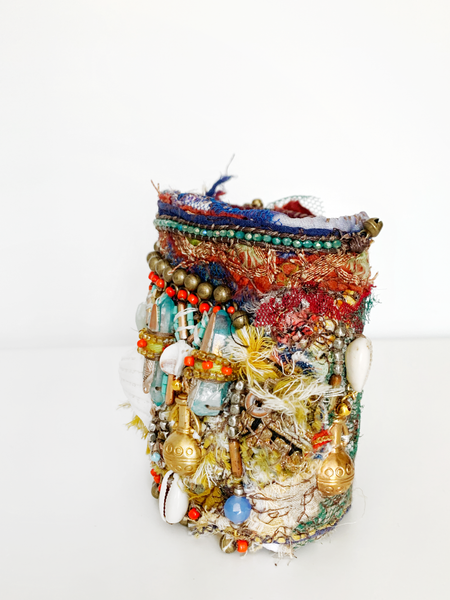 Ositadinma Aura Quartz and Kyanite Embellished Sea Shells and Beaded Wide Cuff Bracelet