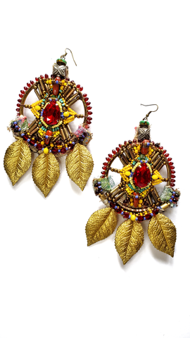 Ositadinma Multi-Beaded Embellished Red Crystal and Red Jasper Brass Leaves Statement Drop Earrings