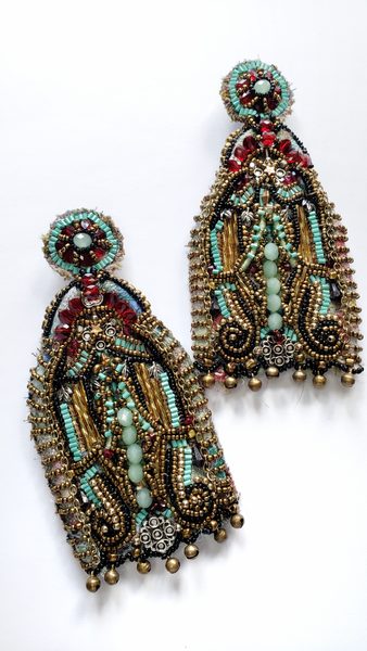 Udumelue Multi-Beaded Glass and Red Crystal Embellished Ornate Door Drop Earrings with Charm Bells