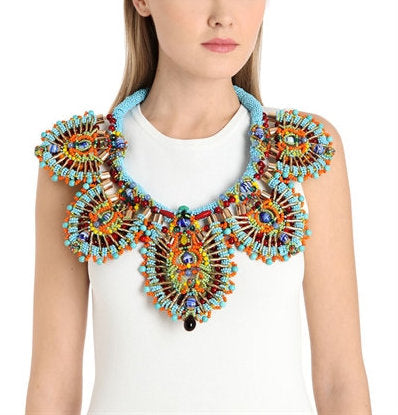 Leire Multi-Beaded Embellished Turquoise Bib Collar Necklace