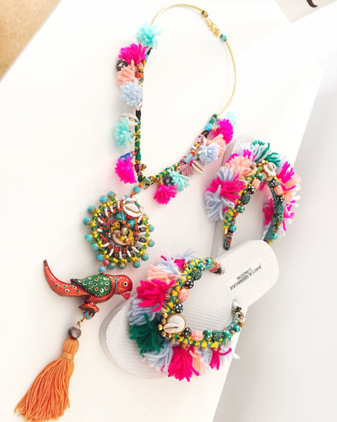 Belva Bird Beaded Embellished tasselled Pendant Necklace