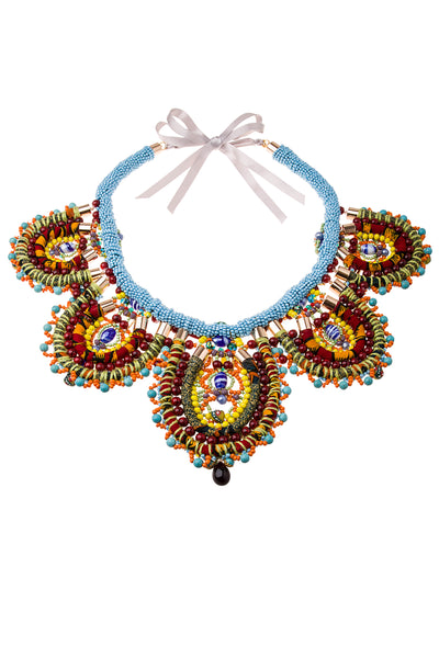 Leire Multi-Beaded Embellished Turquoise Bib Collar Necklace