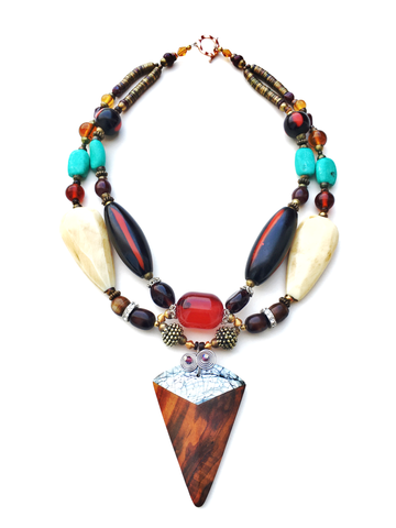 A Wooden Mother of Pearl Arrow Pendant Double Strand Necklace with Multicoloured Mixed Sized Beads