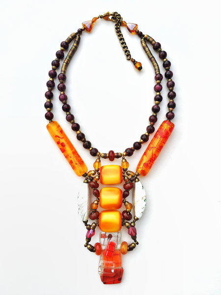 Adaku Two Strand Long Necklace with Three Large Orange Copal Amber Resin with Venetian Glass beads and Recycled Glass Pendant Necklace