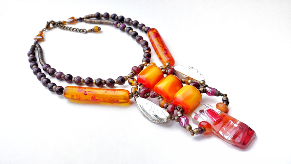 Adaku Two Strand Long Necklace with Three Large Orange Copal Amber Resin with Venetian Glass beads and Recycled Glass Pendant Necklace