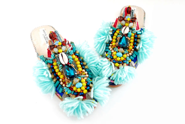 Anali Embellished Raffia And Leather Tassel Slippers