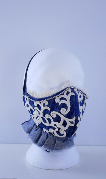 Appliqued Ruffled Lace and Denim Washable Face Mask