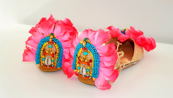 Asha Beaded and Rose Petals Embellished Raffia Ankle Tie Shoes