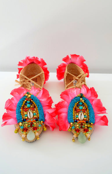 Asha Beaded and Rose Petals Embellished Raffia Ankle Ties Shoes