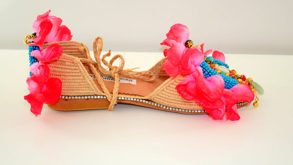 Asha Beaded and Rose Petals Embellished Raffia Ankle Ties Shoes