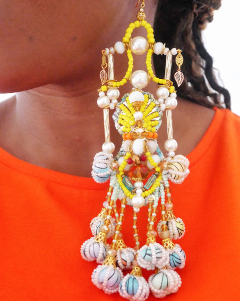 Shirina-Beaded- Embellished-Baubles- Chandelier-Drop Earrings- Anita-Quansah- London