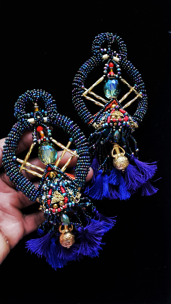 Chinenye Iridescent Glass Beaded Embellished Crystal Silk Tassel Earrings
